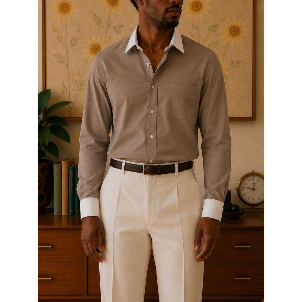 Modena Mens Taupe Herringbone Dress Shirt White Contrast Collar French Cuff 16.5